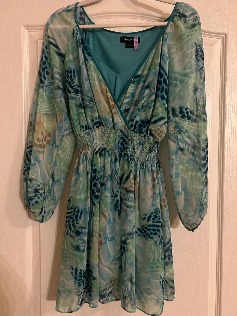 Marciano Multicolor Teal & Blue Printed Long-Sleeve V-Neck Dress